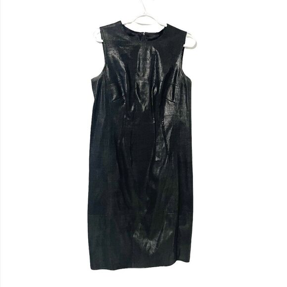 AKRIS Black Mountain Ash Metallic Bodycon 100% Lamb Leather Sleeveless Dress 10 - Picture 2 of 11